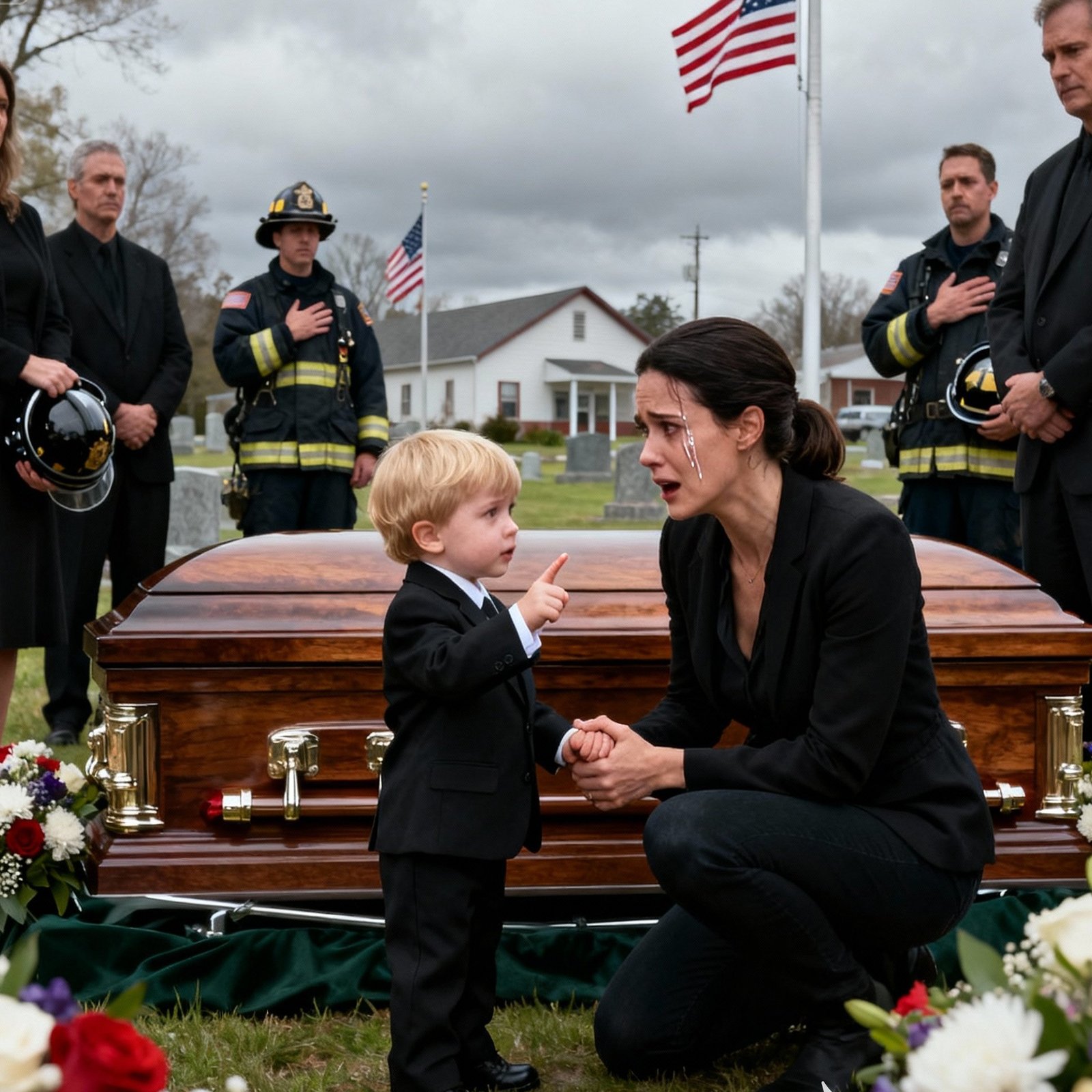 At the funeral of firefighter Daniel Hayes, his 3-year-old son, Eli, pointed at the coffin and whispered, “Daddy’s not sleeping. He’s calling me.” Everyone thought it was just a child’s confusion—until what Eli said led to the discovery that Daniel’s death wasn’t an accident at all.